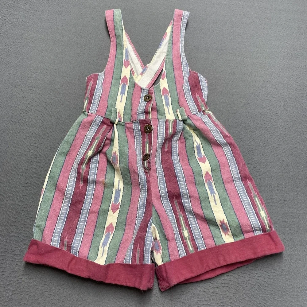 VTG‎ Aztec Romper Girls 12 Multicolor 100% Cotton Button V-Neck Summer USA 90s